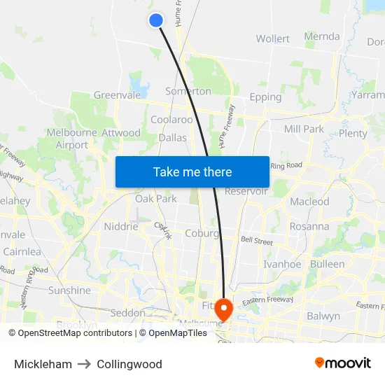 Mickleham to Collingwood map