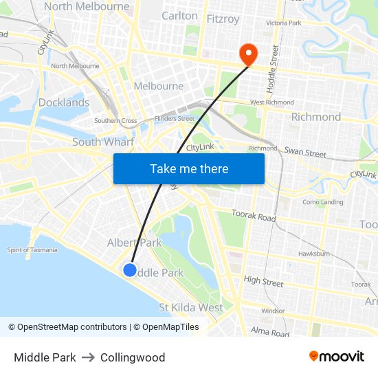 Middle Park to Collingwood map