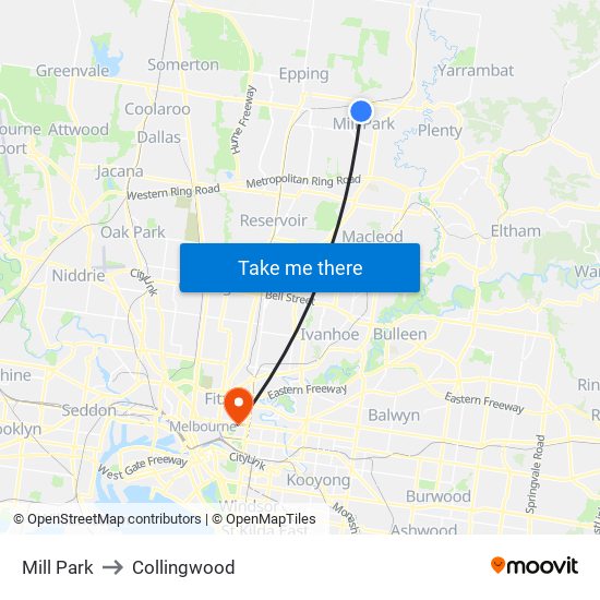 Mill Park to Collingwood map