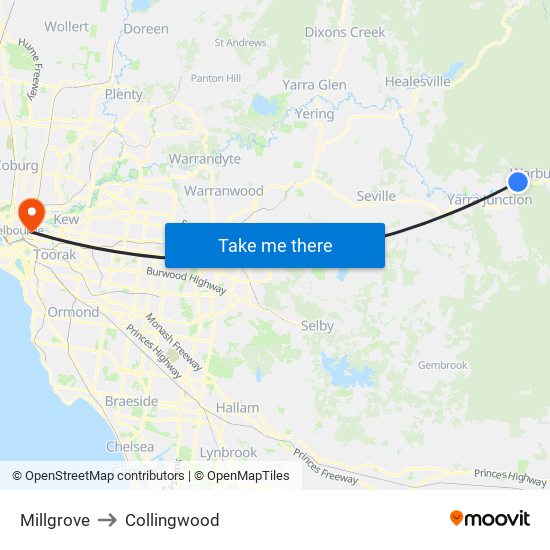 Millgrove to Collingwood map