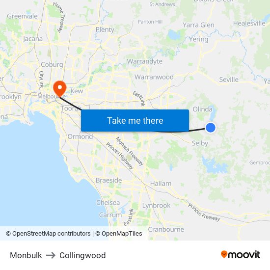 Monbulk to Collingwood map