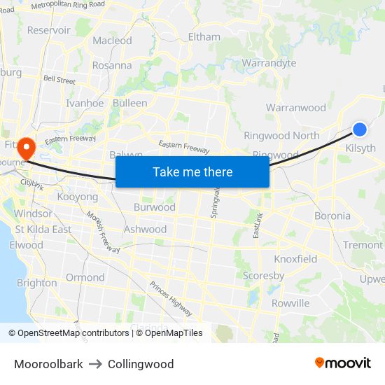 Mooroolbark to Collingwood map