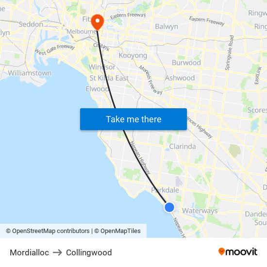 Mordialloc to Collingwood map