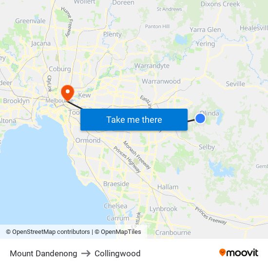 Mount Dandenong to Collingwood map