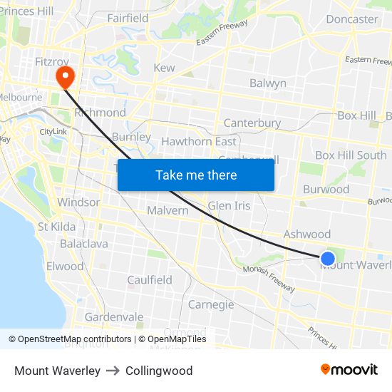 Mount Waverley to Collingwood map