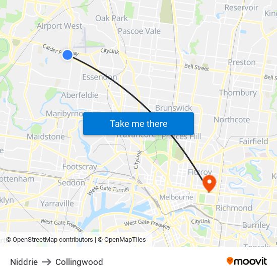 Niddrie to Collingwood map