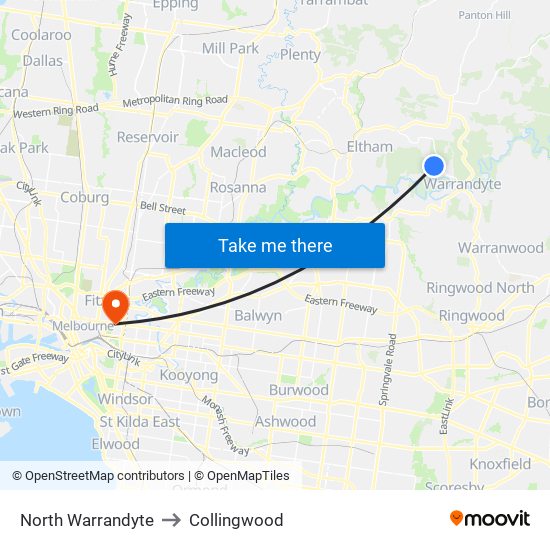 North Warrandyte to Collingwood map