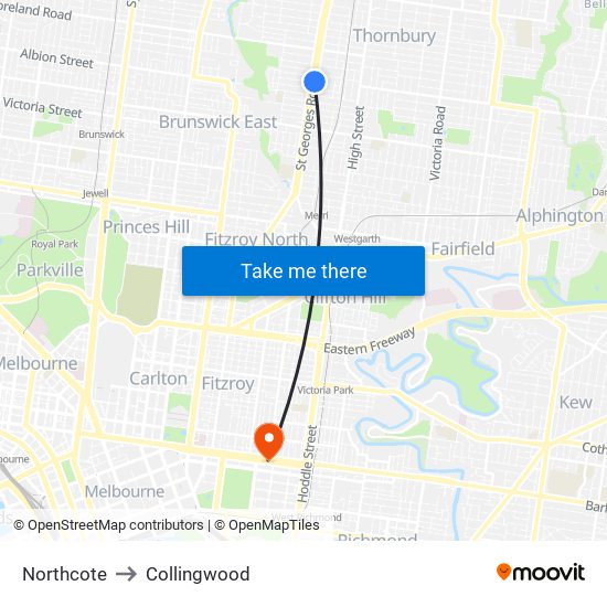 Northcote to Collingwood map