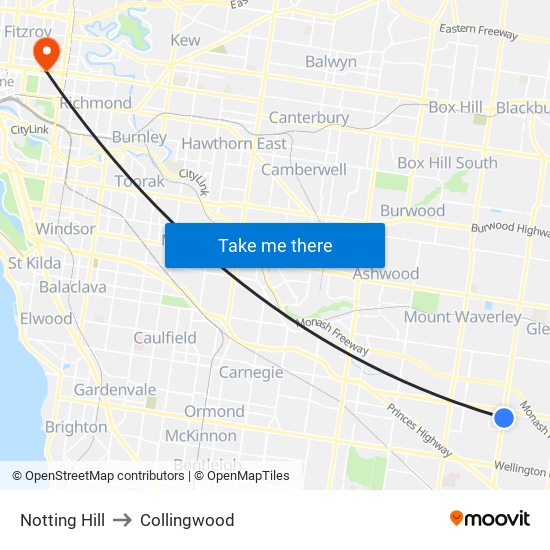 Notting Hill to Collingwood map