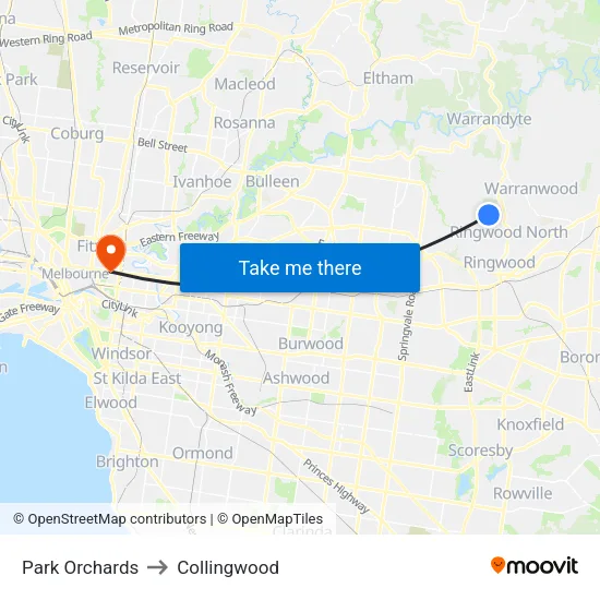 Park Orchards to Collingwood map
