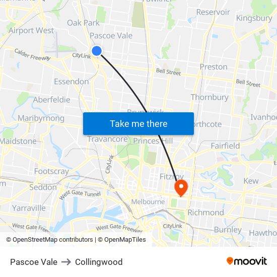 Pascoe Vale to Collingwood map