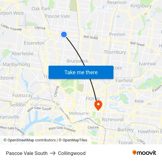 Pascoe Vale South to Collingwood map