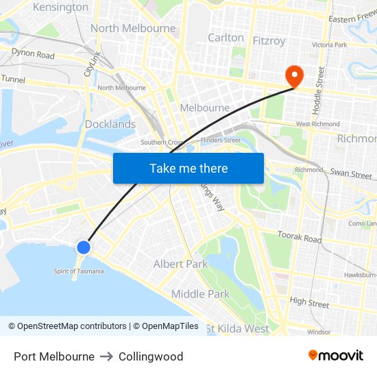 Port Melbourne to Collingwood map