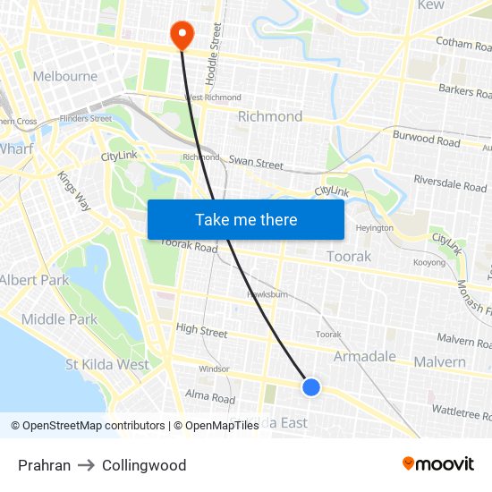 Prahran to Collingwood map