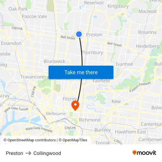 Preston to Collingwood map