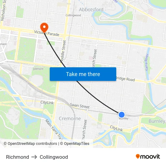 Richmond to Collingwood map