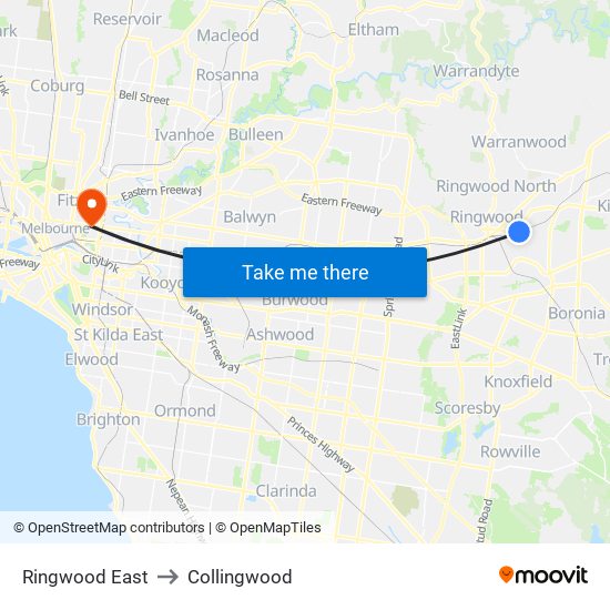 Ringwood East to Collingwood map