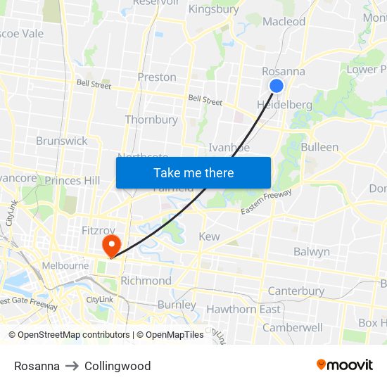 Rosanna to Collingwood map