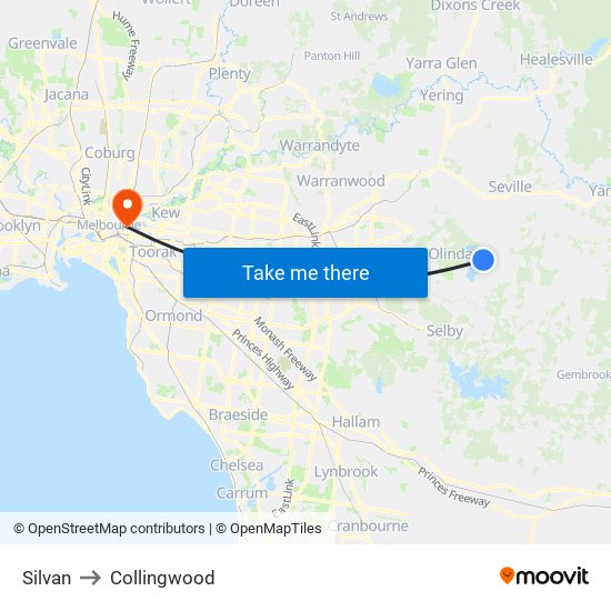 Silvan to Collingwood map