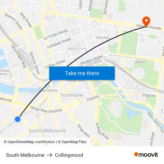 South Melbourne to Collingwood map