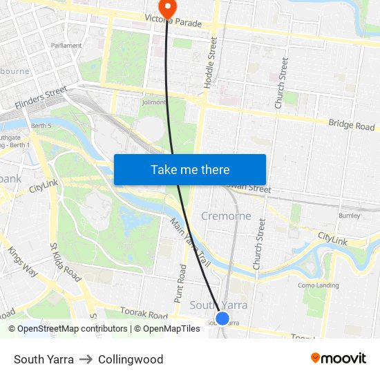 South Yarra to Collingwood map