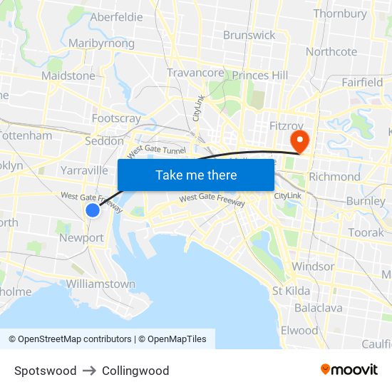 Spotswood to Collingwood map