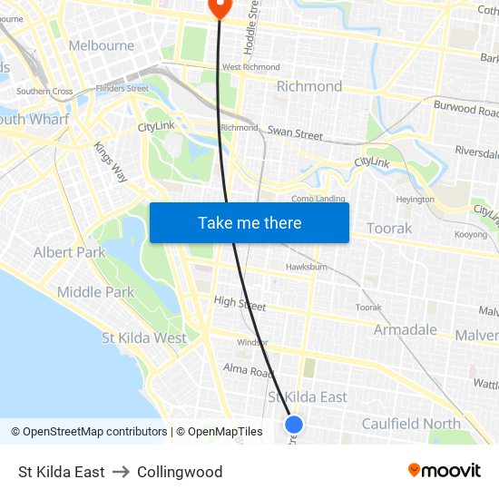 St Kilda East to Collingwood map