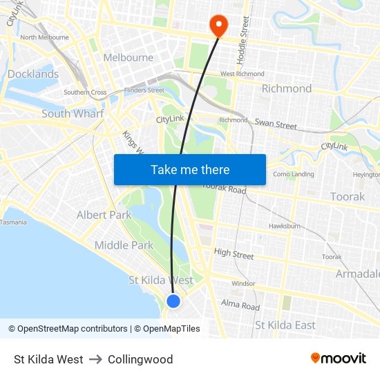 St Kilda West to Collingwood map