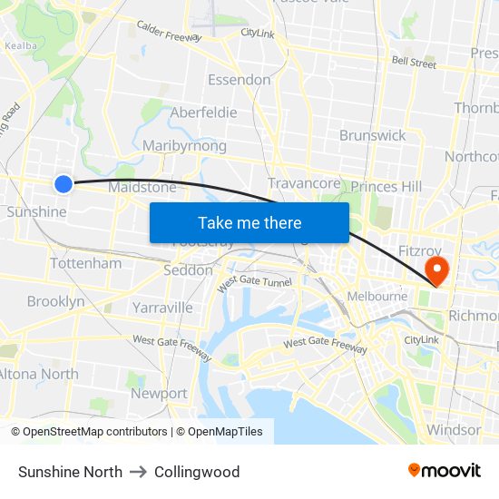 Sunshine North to Collingwood map