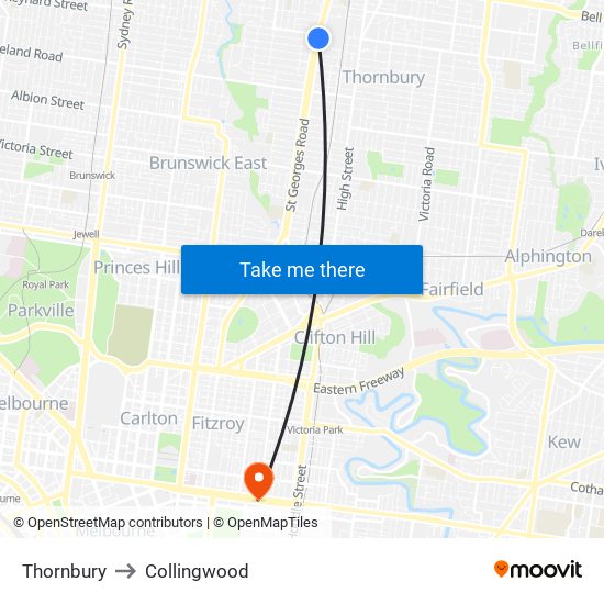 Thornbury to Collingwood map