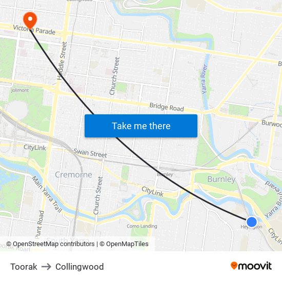 Toorak to Collingwood map