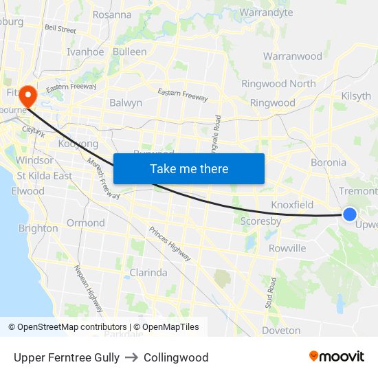 Upper Ferntree Gully to Collingwood map