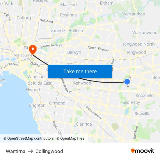 Wantirna to Collingwood map
