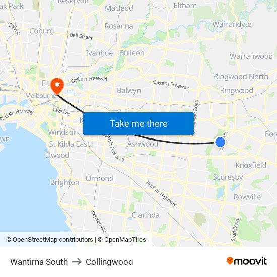 Wantirna South to Collingwood map