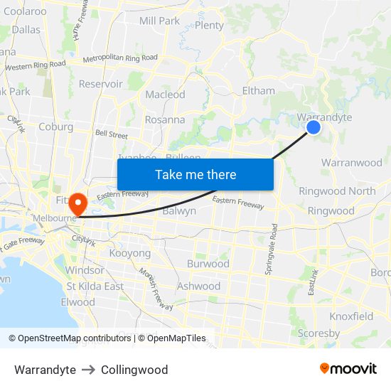 Warrandyte to Collingwood map