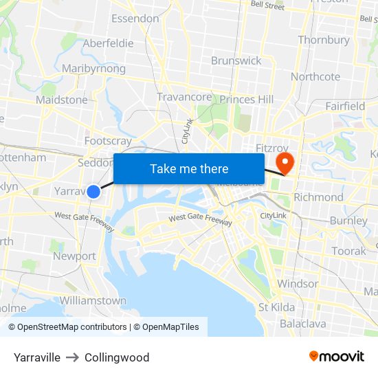 Yarraville to Collingwood map