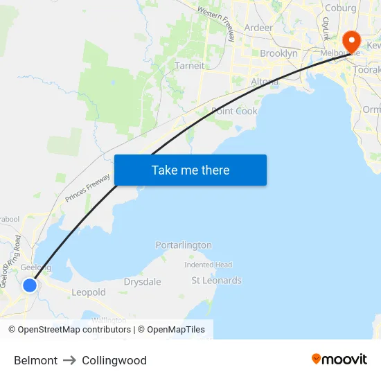 Belmont to Collingwood map