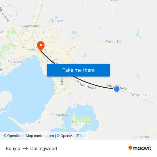 Bunyip to Collingwood map
