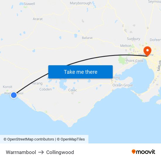 Warrnambool to Collingwood map