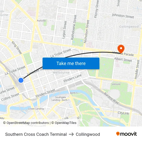 Southern Cross Coach Terminal to Collingwood map