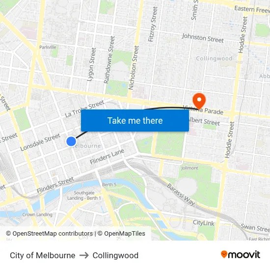 City of Melbourne to Collingwood map