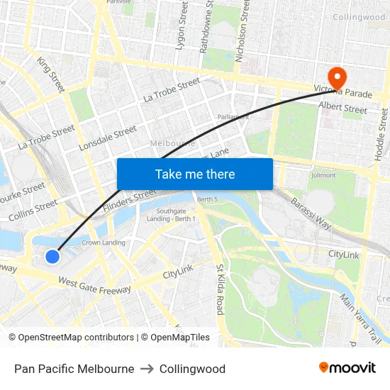 Pan Pacific Melbourne to Collingwood map