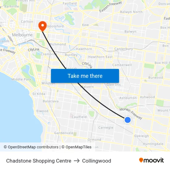 Chadstone Shopping Centre to Collingwood map