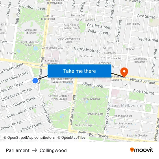 Parliament to Collingwood map