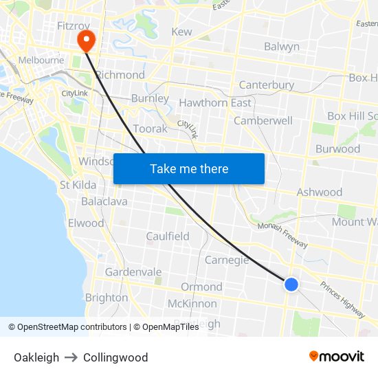 Oakleigh to Collingwood map