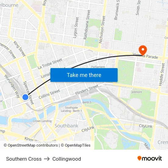 Southern Cross to Collingwood map