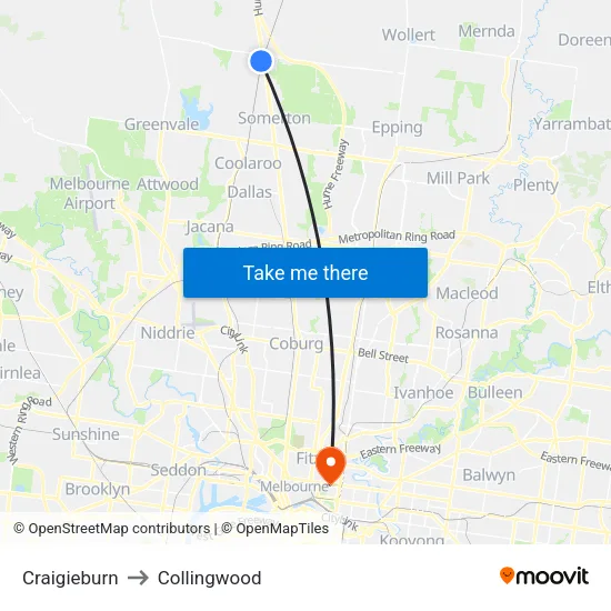 Craigieburn to Collingwood map