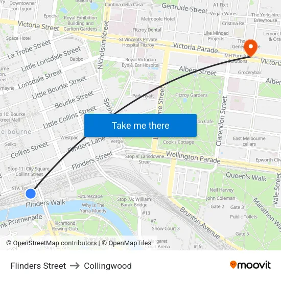 Flinders Street to Collingwood map