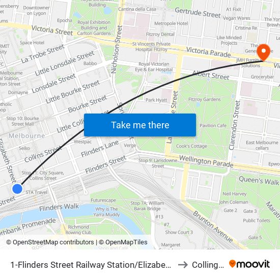 1-Flinders Street Railway Station/Elizabeth St (Melbourne City) to Collingwood map