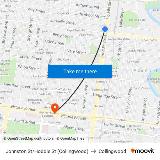 Johnston St/Hoddle St (Collingwood) to Collingwood map